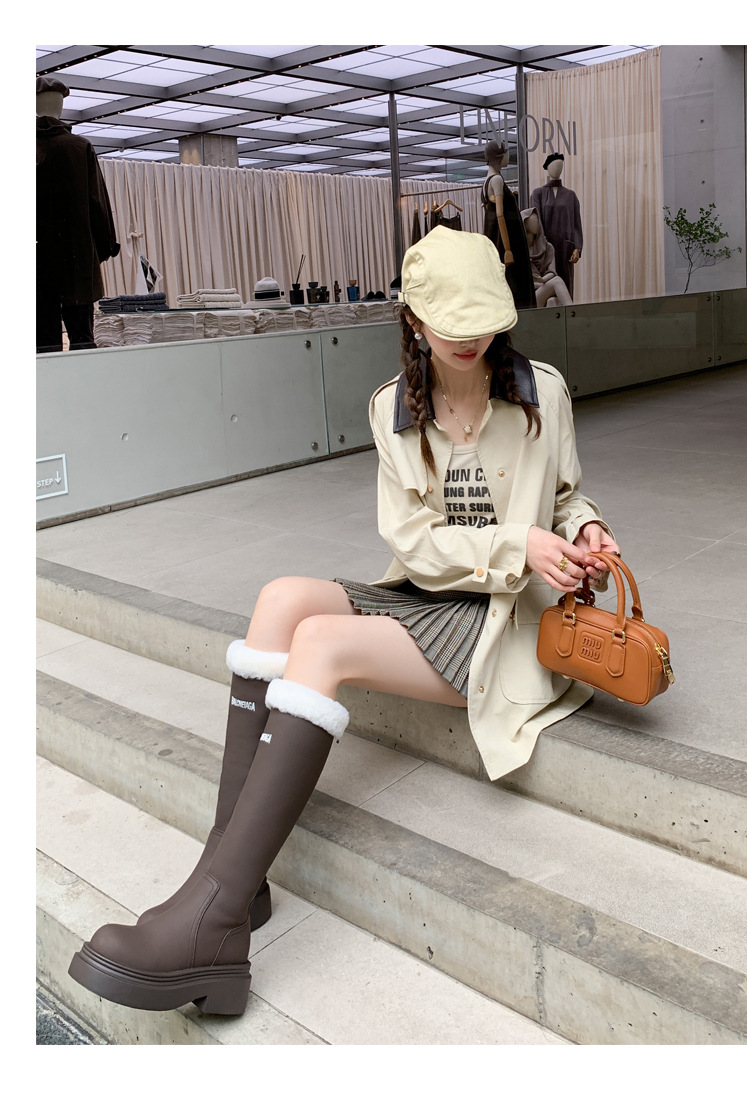Boot nữ cổ cao lót nhung đế dày da bò giữ ấm mùa đông — Màu nâu ống lớn chi tiết 29