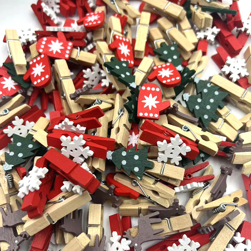 プロモーションクリスマス装飾木製クリップクリスマスツリー、手袋、鹿、雪花漫画クリスマス木製クリップ|undefined