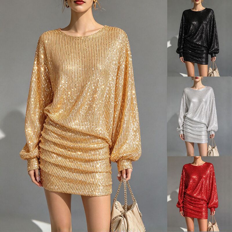 Independent website European and American cross-border bestseller women's sequined loose lantern sleeve mini dress evening sequin gown Independent website European and American cross-border bestseller women's sequined loose lantern sleeve mini dress evening sequin gown