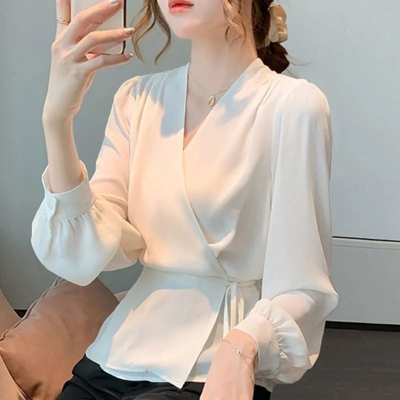 Fashionable Lace-Up Waist-Cinching Long-Sleeve Chiffon Blouse for Women, Solid Color Shirt Top, Versatile Cross-Over Design, Slimming Flutter Sleeves, Mid-Length Style