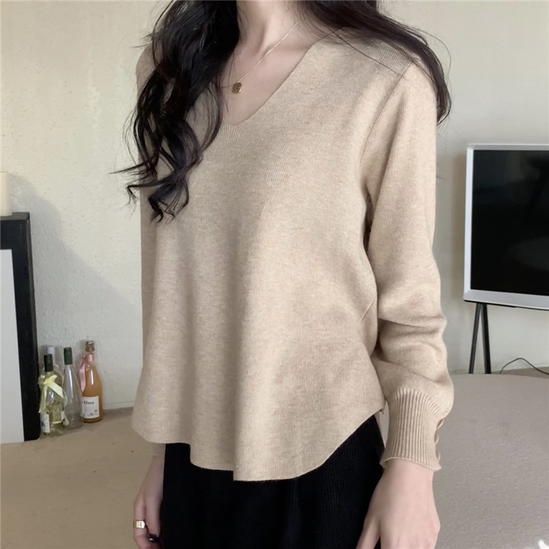 实拍 真实价 秋冬新款套头百搭V领长袖打底针织衫女上衣
