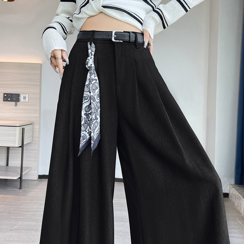 藏青色丝巾腰带阔腿西装裤女秋季新款高腰垂感宽松休闲拖地大甩裤|undefined