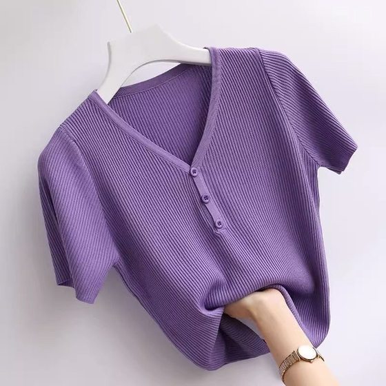 Solid Color Summer New Short-Sleeve Ice Silk Base Knit Top Slim Fit Trendy Versatile Fashion Thin Top T-Shirt for Women