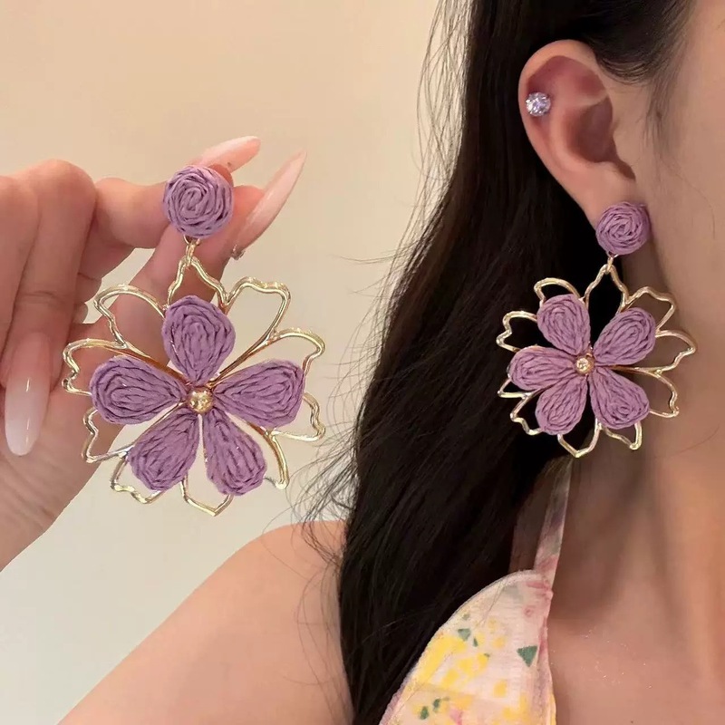 シルバーニードルラフィアカラフルな太陽の花のイヤリング夏の海辺の休暇スタイルのイヤリングファッショナブルで甘くて新鮮なイヤリング|undefined