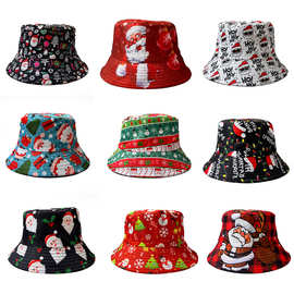 跨境圣诞节圣诞树圣诞礼物印花渔夫帽双面戴盆帽户阳防晒太阳