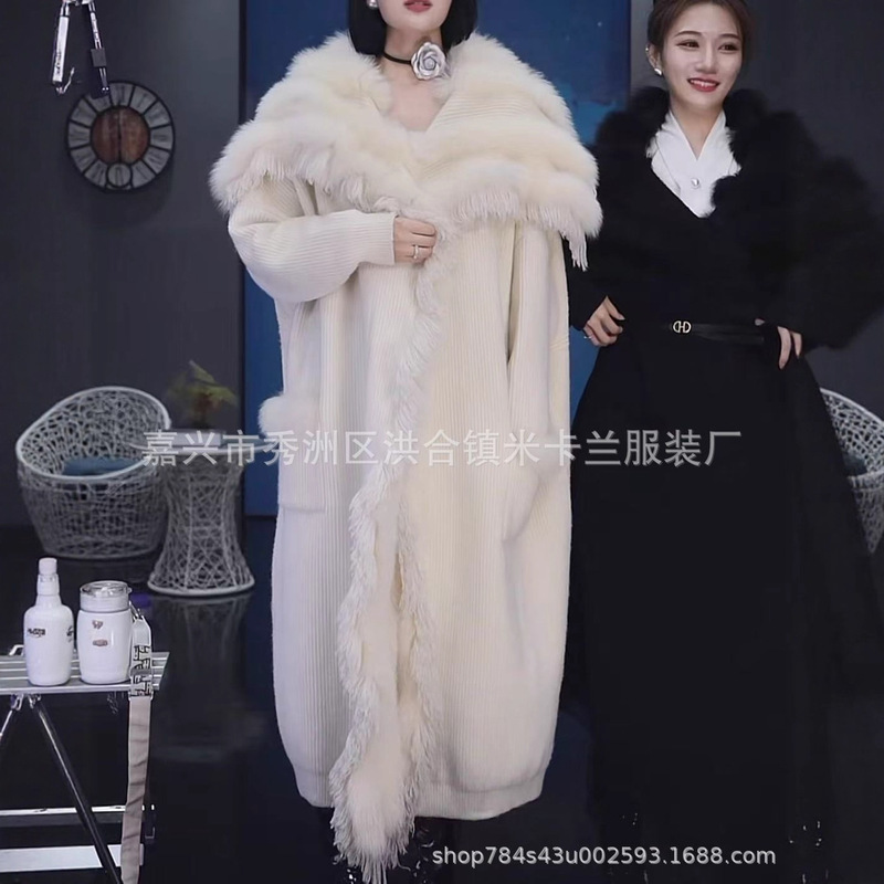 2025 New Autumn and Winter Real Fur Fox Fur Tassel Loose Lazy Style Mid-Length Knitted Cardigan Sweater