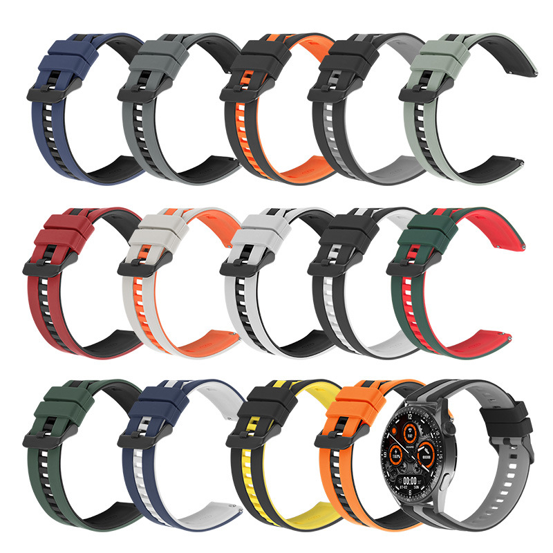 Suitable for Huawei Gt Samsung Xiaomi 20/22mm Universal Smart Watch Silicone Strap Two-Color Stainless Steel Black Buckle