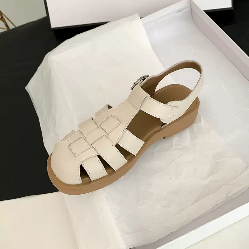 葡萄妈Studiolee 新款夏季软底包头拖粗跟厚底复古平底罗马凉鞋女