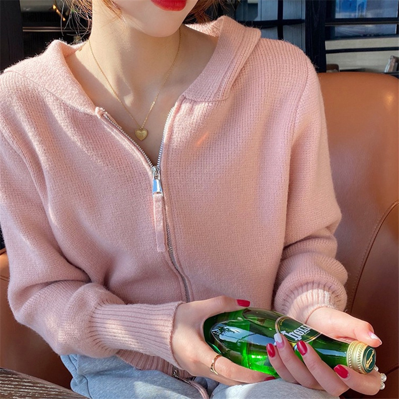 Cárdigan de punto con cremallera de color liso para mujer, chaqueta corta con capucha a la moda, primavera y otoño, nuevo estilo, para personas pequeñas, 2024 image 8
