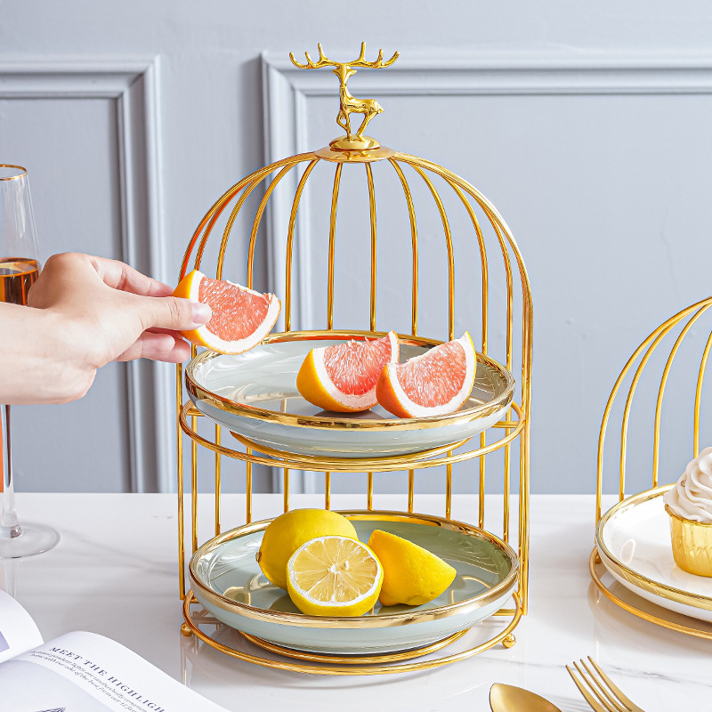 Plato de fruta de cerámica de lujo ligero mesa de café de la sala de estar cesta de frutas en casa plato de pastel de caramelo creativo adornos de almacenamiento de postre de doble capa