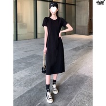 黑色连衣裙女2022新款夏季直筒长款显瘦长款长裙气质休闲T恤裙子