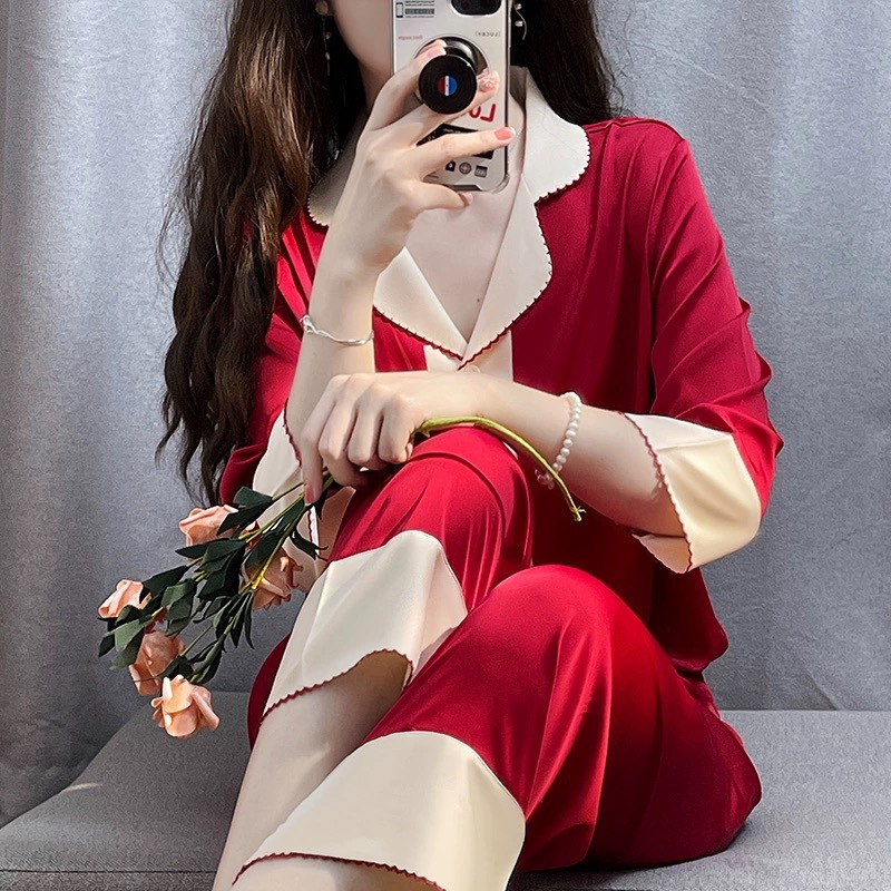 아이스 실크 잠옷 여성용 봄과 가을 긴팔 바지 카디건 단색 캐주얼 아이스 실크 섹시한 홈웨어 세트