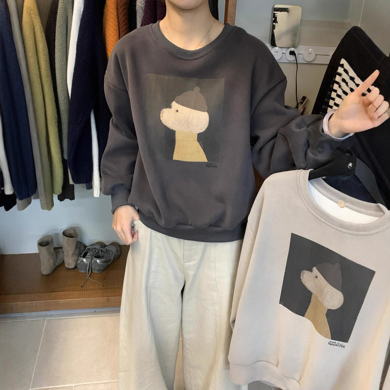 Clearance Sale, No Returns or Exchanges. Imagine the Autumn and Winter Lazy Style Alpaca Print Fleece-Lined Loose Round-Neck Long-Sleeve Sweatshirt for Women 63670