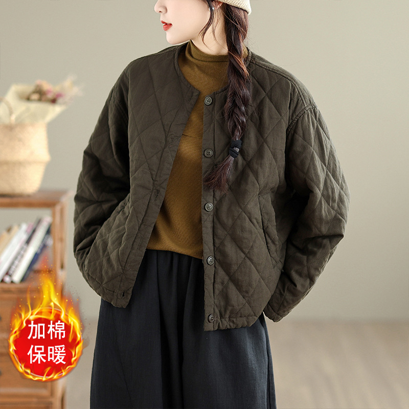Real Shot of Retro Thickeneded Cotton and Linen Cotton-Padded Warm Jacket with Yarn-Dyed Plaid Lining for Winter New Style