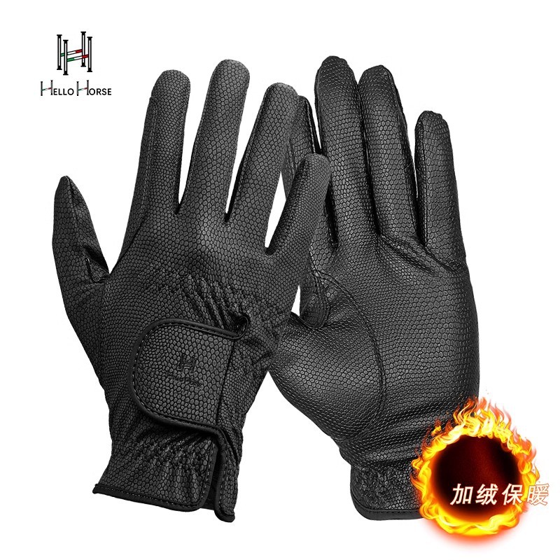 Hellohorse Equestrian Gloves Winter Fleece-Lined Equestrian Knight Simple Pu Fleece-Lined Gloves Riding Gloves