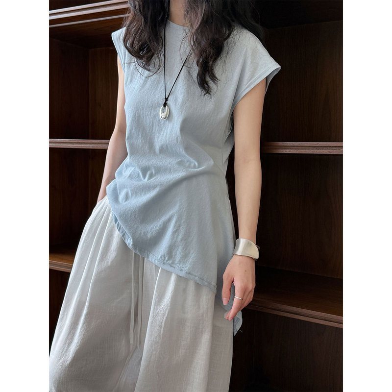 Lu Xi Korean Style Simple Slim-Fit Lace-Up Short-Sleeved Women's Summer New Waist-Cinching Asymmetrical Hem T-Shirt Top 2626