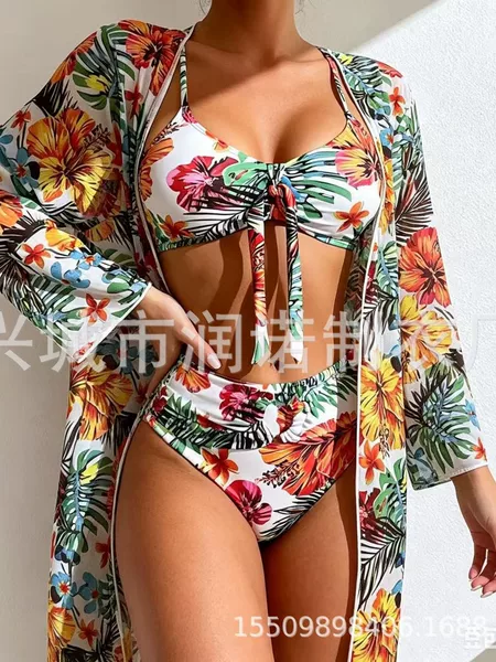 Cross-border European and American style women's three-piece bikini set, new long cover-up, tight-fitting, push-up, printed swimsuit for women