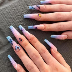Gradient color long ballet nails with white marble pattern and diamond details, wearable artificial nails with active printing simulated butterfly false nails