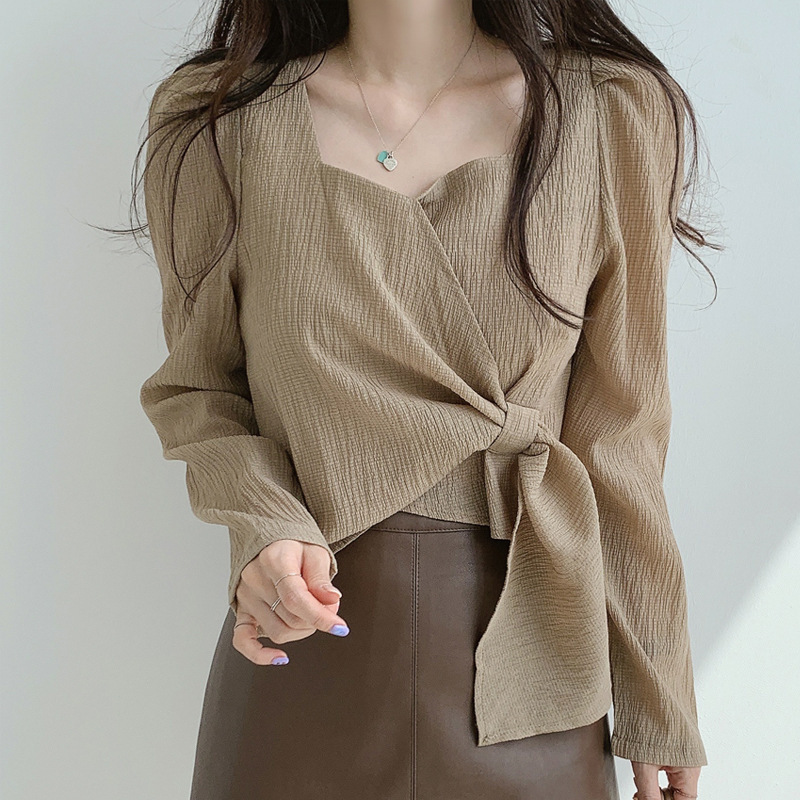 Spring and Autumn Top Design Sense Fashion 2023 Korean Style Square Collar Shirt Bubble Long Sleeve Strap Slim Elegant Shirt for Women
