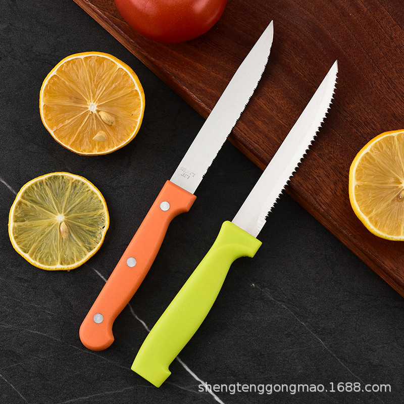 Fabricante al por mayor herramientas de cocina 7 piezas cuchillo de filete pequeño de tres ojos mango de clavos trapezoidal conjunto de utensilios de cocina