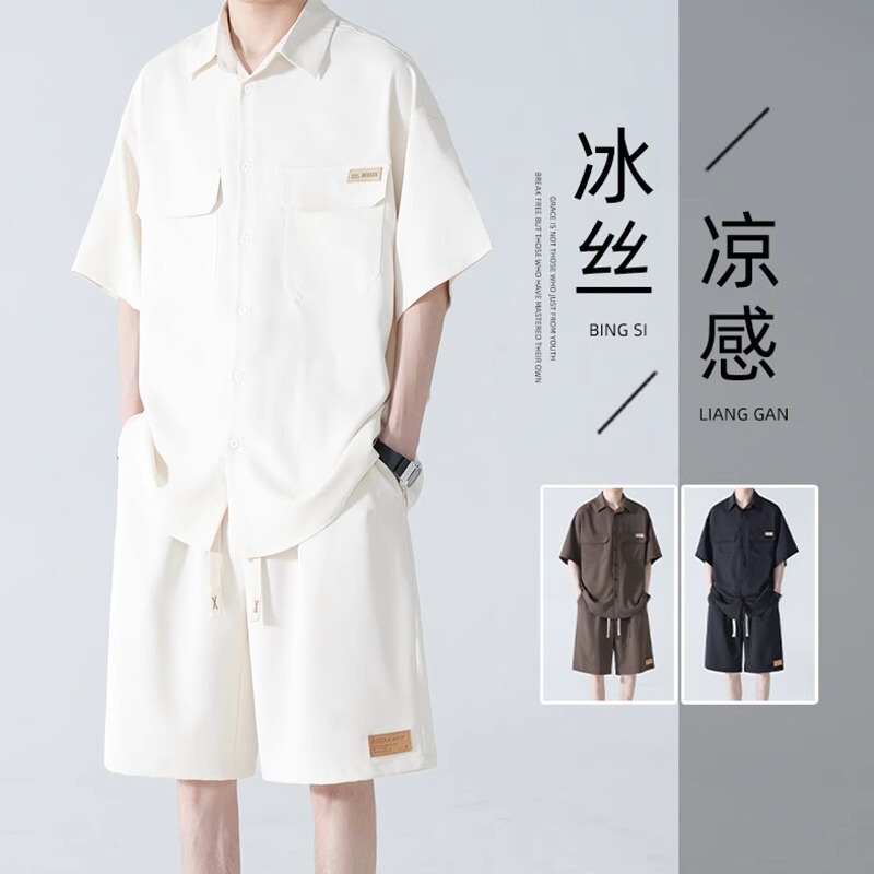 Short-Sleeved Shirt Men's Summer Thin Ice Silk Suit Casual Sportswear Handsome Summer Shorts Shirt Two-Piece Set