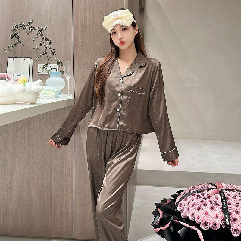 Spring and Autumn Short Ice Silk Pajamas for Women, Long-Sleeved French Sequins, High-End Home Clothes for Women, Loose and Casual