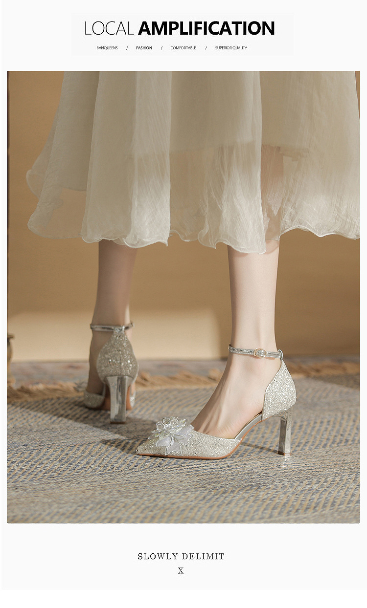 Giày sandal cao gót nữ quai ngang mũi nhọn bạc — Màu bạc chi tiết 8