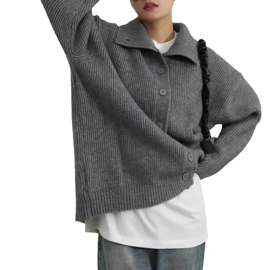 Übergroßer Strickcardigan – Pullover mit Button-Down-Kragen und offener Vorderseite (Schwarz/Grau/Beige, Einheitsgröße)_voghion.com
