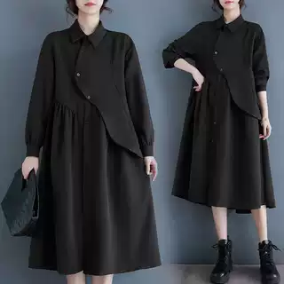 实拍 不规则小众赫本风黑色衬衫连衣裙早秋法式高级感宽松长裙