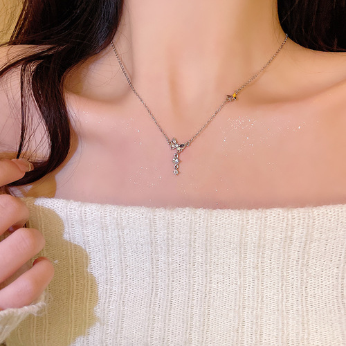 Korean-style ethereal crystal diamond butterfly necklace for women—sophisticated, niche, sweet, with moonstone accents and a trendy fringed design that’s Instagram-worthy.