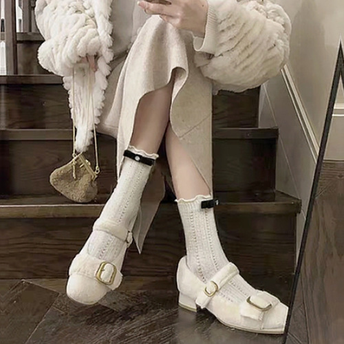 Spring and summer flocked bow hollow mesh socks for women Japanese fungus heap socks Mary Jane socks for women