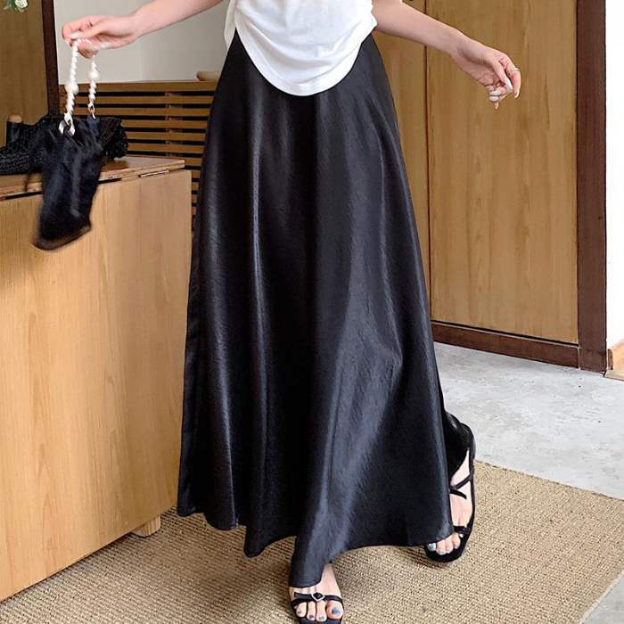プラスサイズの洋ナシ型スカート、女性の夏のハイウエスト黒スカート、太ったMMはお腹をカバーしてスリムに見えるAラインスカート|undefined