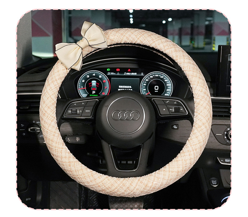 Tweed Style Steering Wheel Cover Cotton and Linen Car Anti-Slip Steering Wheel Cover Accessible Luxury Bow-Knot Car Steering Wheel Cover