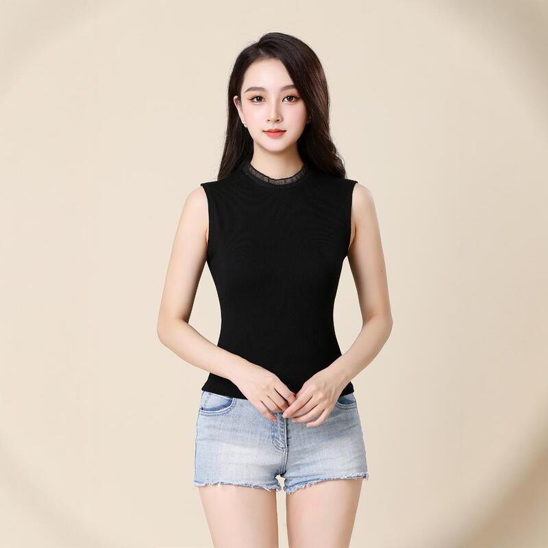 Foreign style summer new semi-high collar sweater solid color sleeveless inside and outside wear jacket vest women manufacturers wholesale