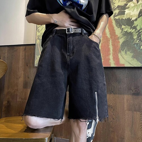 BOYUE Bouncy Half-Zip Denim Shorts for Youth Unisex Trendy Brand with Design Feelings Fringe Shorts for Both Men and Women