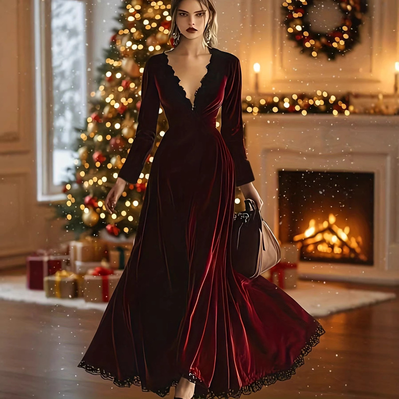 Christmas Wine Red Velvet Lace Patchwork Long Dress, Deep V Waist-Cinching Design, Vintage Luxurious Holiday Style
