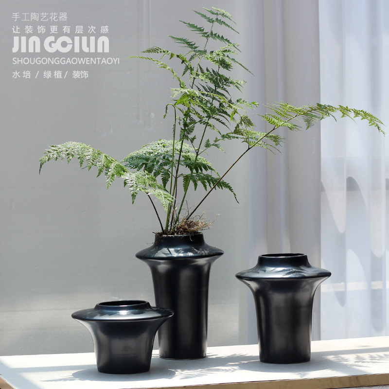 새로운 중국식 홈스테이 연구 거실 장식 홈 데스크탑 세라믹 꽃병 장식 블랙 3 피스 소프트 장식