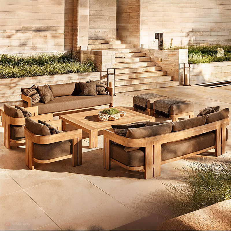 Sofá al aire libre patio teca aleación de aluminio lona cojín de esponja mesa de centro de protección solar combinación sofá de madera maciza al aire libre