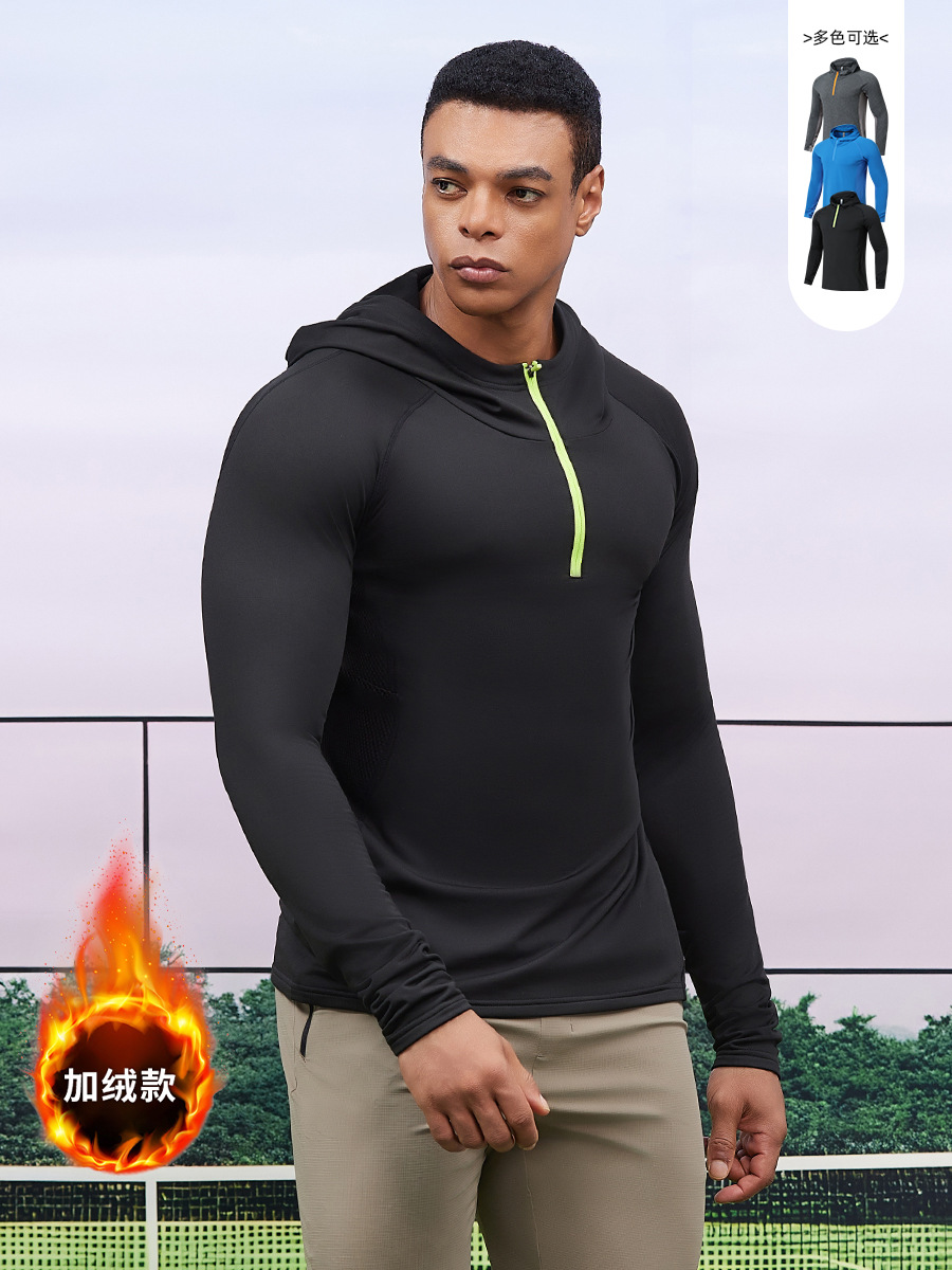 Men's Fleece-Lined Sports Sweatshirt Autumn and Winter Hooded Half-Zip Fitness Clothing Outdoor Casual Tight-Fitting Clothing Windproof Sportswear