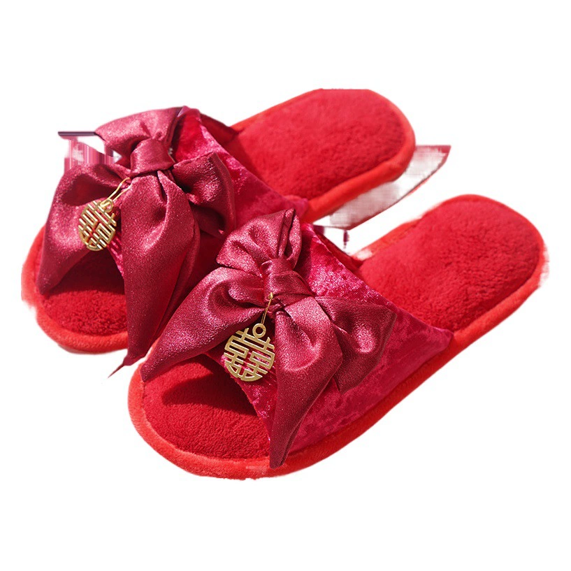 Свадебные тапочки с круглыми головками Половина упаковки Праздничная пара Большая красная пара Свадебные домашние хлопковые тапочки с открытым носком для молодоженов