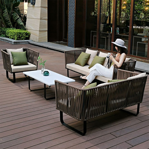 Outdoor Wicker Sofa Three-Person Waterproof Sunscreen Hostel Courtyard Garden Balcony Outdoor Leisure Coffee Table Wicker Chair Furniture 