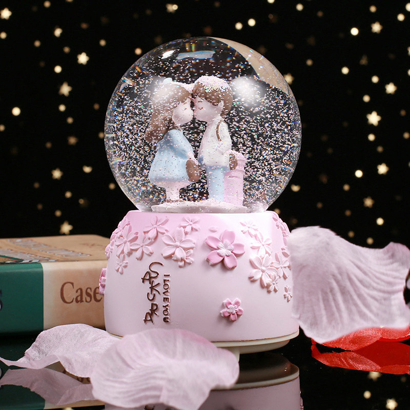 Romantic couple crystal ball music box room decoration snow snowflake music box gift for Chinese Valentine's Day creative gift