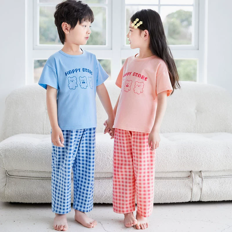 Children's short sleeve T-shirt, set, summer thin homewear, cotton cartoon pijama