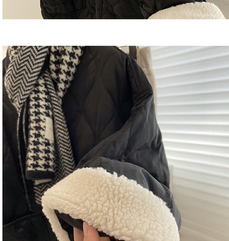 Collarless lamb wool splicing light and thin winter Korean version loose small fragrant dia plaid warm cotton jacket_voghion.com