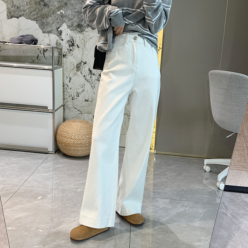 满分裤型！四面弹拼接直筒牛仔裤女秋季高腰显瘦百搭垂感阔腿长裤|undefined