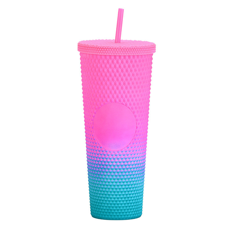 二層プラスチックストローカップ大容量クリエイティブ 710 ミリリットルドリアンカップハンドカップ発光変色レインボーグラデーションカップ|undefined