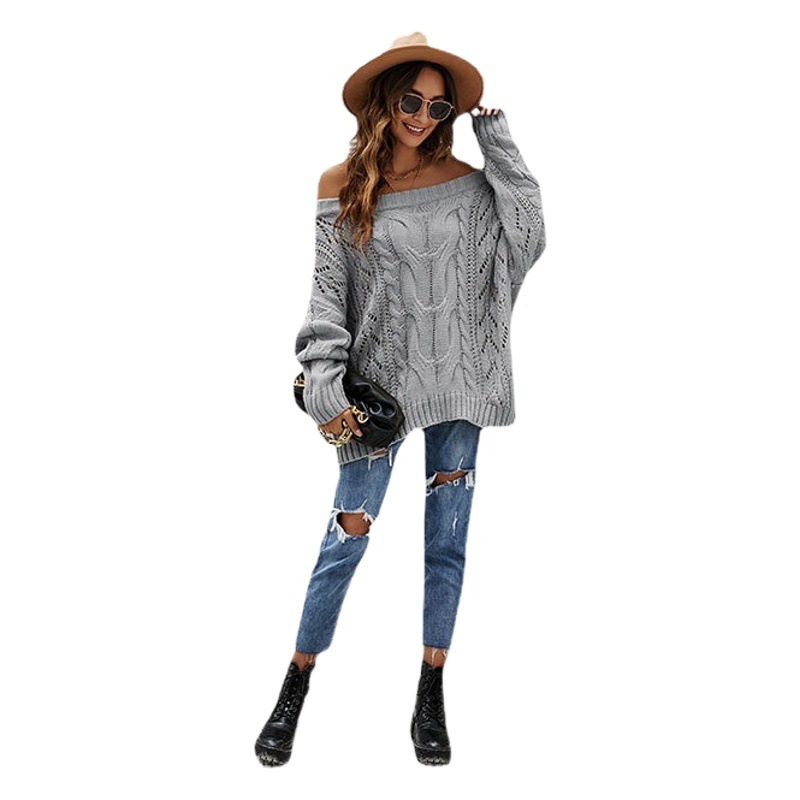 Suéter de punto holgado con hombros descubiertos de talla grande para mujer, estilo europeo y americano, otoño/invierno 2026, suéter tipo jersey de color liso con hombros descubiertos para mujer, ideal para Amazon.
