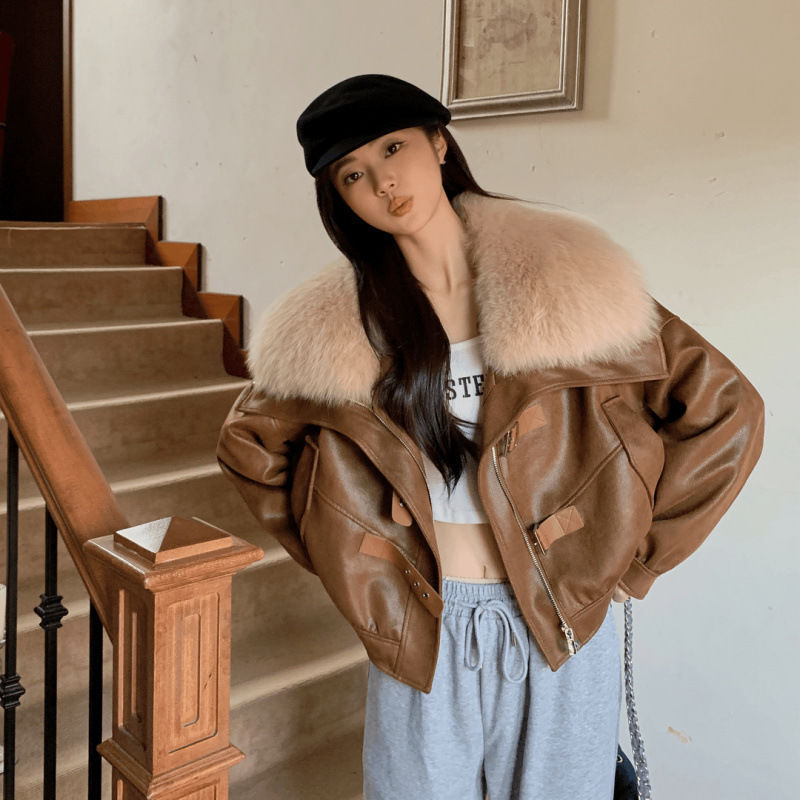 White Duck down Lining down Jacket Women's Short Autumn and Winter New Leather Jacket Fur Large Fur Collar Korean Version