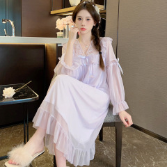 凌蕾春秋純色vネックレース蝶結び網紗宮廷王女風中長寝スカートパジャマ家服