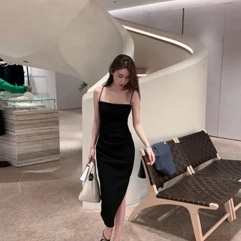 CHI Large Waist High-Low Pink Strappy Dress, Long and Short Versions, Elegant and Sexy Bag